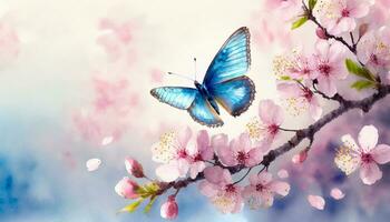 AI generated Water color paint of a blue butterfly flying on a pink cherry blossom, illuminated by soft sunlight, displays the beauty of spring photo