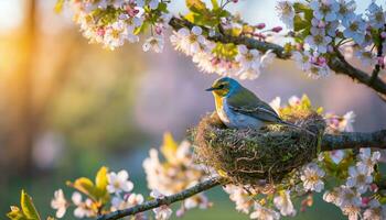 AI generated A beautiful bird rests in its nest amidst cherry blossoms that bloom in spring, with the warm glow of a setting sun. photo