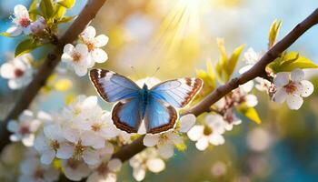 ai generado cerca arriba de un azul mariposa encaramado en un rama con blanco Cereza florecer, iluminado por suave luz de sol, muestra el belleza de primavera foto