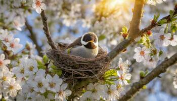 AI generated A beautiful bird in her nest in the middle of the white flower blooms on a tree branch, in the sun in spring photo