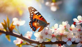 ai generado cerca arriba de un azul mariposa encaramado en un rama con blanco Cereza florecer, iluminado por suave luz de sol, muestra el belleza de primavera foto