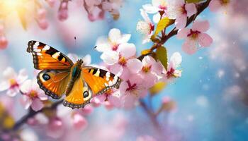 ai generado cerca arriba de un naranja mariposa encaramado en un rama con blanco Cereza florecer, iluminado por suave luz de sol, muestra el belleza de primavera foto