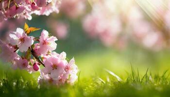 AI generated A serene view of pink cherry blossoms in full bloom, with sun rays filtering through the petals, illuminating a lush green grassy ground photo