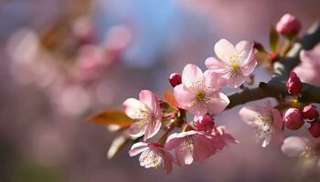 AI generated A close-up of pink cherry blossoms with a blurred background, highlighting the flowers delicate petals and stamens photo