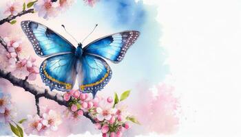 AI generated Water color paint of a blue butterfly perched on a pink cherry blossom, illuminated by soft sunlight, displays the beauty of spring photo