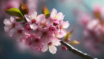 AI generated A close-up of pink cherry blossoms with a blurred background, highlighting the flowers delicate petals and stamens photo