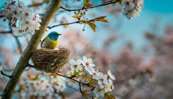 ai generado un minúsculo colibrí descansa en sus nido en medio de floreciente Cereza flores, retratar un pacífico primavera escena foto