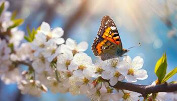 ai generado cerca arriba de un azul mariposa encaramado en un rama con blanco Cereza florecer, iluminado por suave luz de sol, muestra el belleza de primavera foto