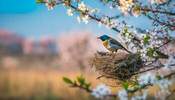 ai generado un hermosa pájaro perchas en un nido en medio de floreciente flores, evocando un pacífico primavera atmósfera foto