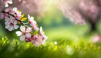 AI generated A serene view of pink cherry blossoms in full bloom, with sun rays filtering through the petals, illuminating a lush green grassy ground photo