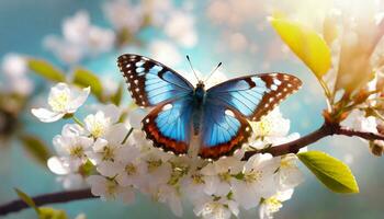 ai generado cerca arriba de un azul mariposa encaramado en un rama con blanco Cereza florecer, iluminado por suave luz de sol, muestra el belleza de primavera foto