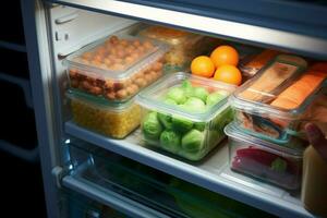 ai generado refrigerador encontrar recuperando un comida envase desde el refrigerador para un comida ai generado foto