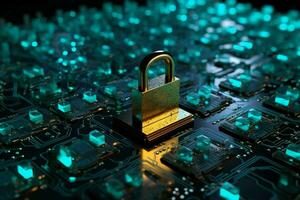 AI generated Security in circuits Microchips and illuminated padlocks on electronic board photo