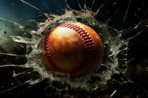 AI generated Visual impact Baseball penetrates broken glass for versatile design use photo