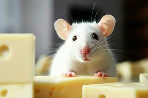 ai generado adorable blanco rata con queso, ofrecimiento cerca arriba Copiar espacio foto