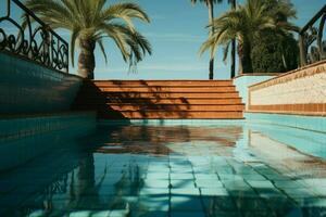 AI generated Summer anticipation Empty swimming pool with rusty stairs, tile floor photo