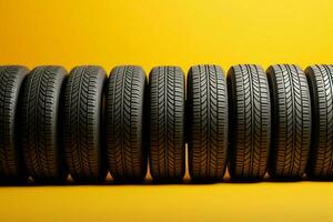 AI generated Tire lineup Row of tires presented on a vibrant yellow background photo