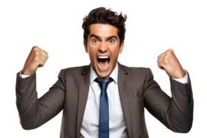 AI generated Successful Businessman Flexing Arms in Victory on Transparent Background. AI png