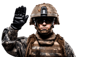 ai généré Masculin militaire personnel saluer - visage coup isolé sur transparent Contexte. ai png