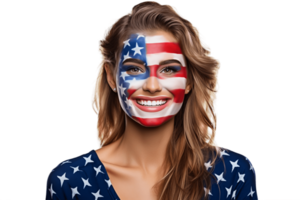 ai generado contento hembra americano con cara pintar americano bandera en transparente antecedentes. ai png