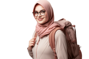 ai generato islamico ragazza turista indossare occhiali da sole zaino su trasparente sfondo. ai png