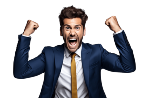 AI generated Successful Businessman Flexing Arms in Victory on Transparent Background. AI png