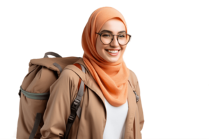 ai généré islamique fille touristique portant des lunettes de soleil sac à dos sur transparent Contexte. ai png