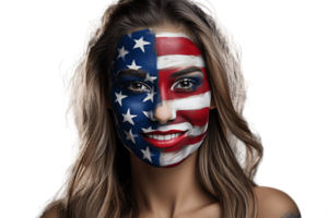 ai generado contento hembra americano con cara pintar americano bandera en transparente antecedentes. ai png