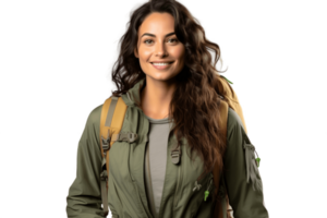 AI generated Indian Female Tourist Backpacking, Smiling Happily on Transparent Background. AI png
