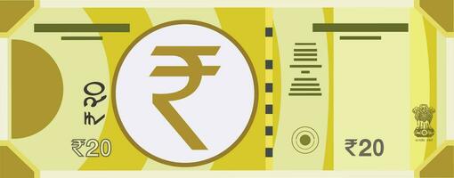 Banknote of twenty Indian rupees Indian rupee banknote illustration vector