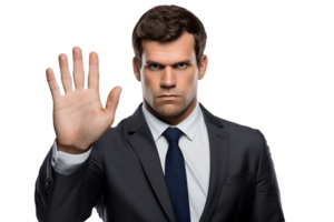 AI generated Serious Businessman with Stop Hand Gesture, Isolated on Transparent Background. AI png