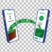 Mobile money transfer with hand holding mobile phone with credit card on screen. Online payment vector