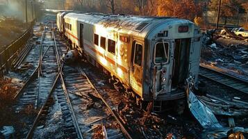 ai generado tren destruido por fuego después chocar. foto