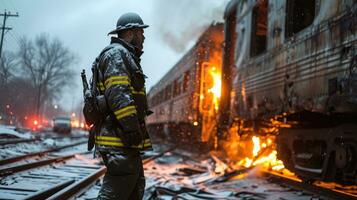 AI generated Firefighter in a protective suit and helmet on the background of a burning train. photo