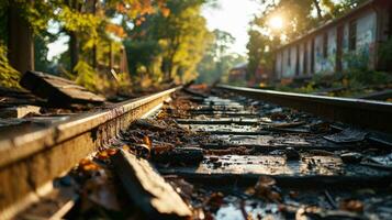 ai generado ferrocarril pistas en el parque a puesta de sol. ferrocarril en otoño. foto