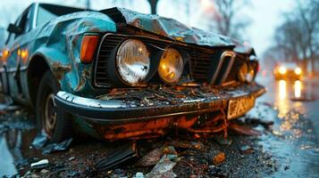 ai generado destrozado antiguo coche en el calle en el lluvia a noche. foto