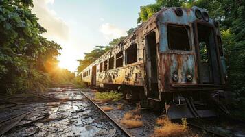 ai generado antiguo oxidado tren en el selva a atardecer, Clásico transporte concepto. foto