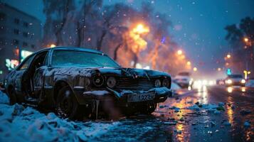 ai generado antiguo dañar coche en el calle en el nieve en el ciudad a noche. foto