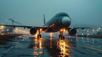 ai generado avión en el lluvia. noche escena. foto