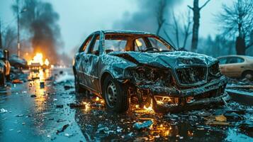 AI generated Burning car on the street after a crash in blizzard at night. photo