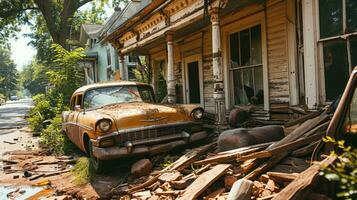 ai generado abandonado coche en el antiguo pueblo cerca de madera casa. foto