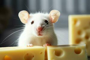 AI generated Adorable white rat with cheese, offering close up copy space photo