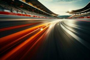 AI generated Blurred racing track with twisting traffic, dynamic bokeh background photo