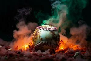 ai generado misterioso ambiente vistoso béisbol estallidos en un ahumado, dramático ajuste foto