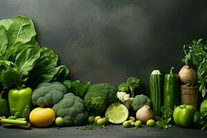 ai generado vegetal elegancia Fresco verduras enmarcado en gris concreto, Copiar espacio foto