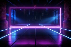 AI generated Modern ambiance Blue and purple neon lights with reflective concrete depth photo