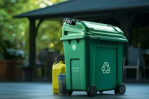 AI generated Green initiative Recycling bin highlights the presence of plastic litter photo