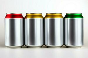 AI generated Aluminum cans arranged on a clean white background, perfect for design photo