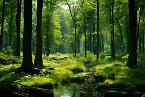 ai generado un vibrante verde bosque con diverso flora y alto majestuoso arboles foto