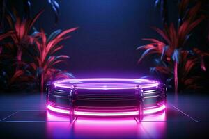 AI generated Product spotlight Cylinder podium featuring eye catching neon lighting dynamics photo